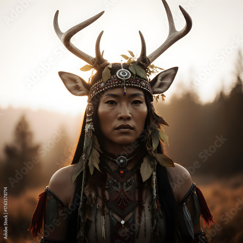 Asian woman in elaborate tribal shaman costume with deer antlers headdress and ornate jewelry in natural outdoor sunset setting
