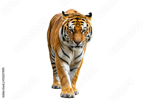 Isolated tiger walking forward, majestic wild animal with black stripes on orange fur looking fierce