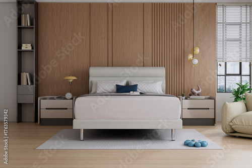 Luxury Contemporary Bedroom with Wooden Wall and Soft Lighting