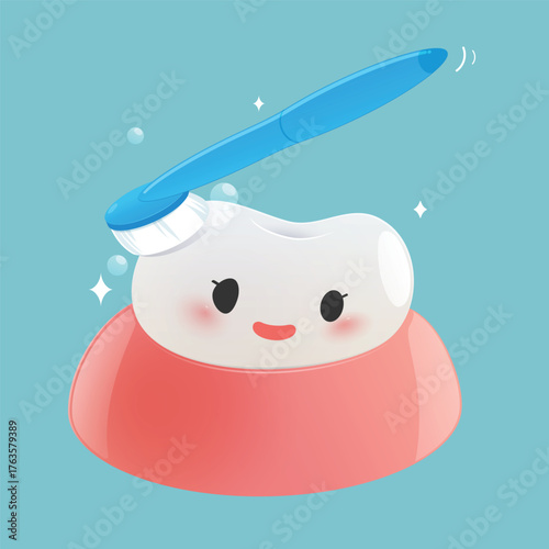 Cartoon clean tooth with toothbrush brushing teeth and smiling happily
