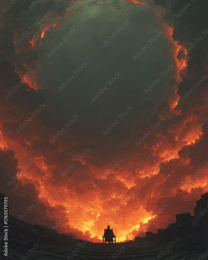 Fototapeta premium A solitary figure sits on a chair overlooking a fiery inferno, a desolate and apocalyptic landscape
