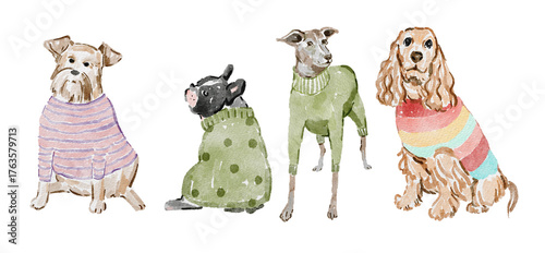 Photography Adorable Watercolor whimsical Dogs in Christmas Outfits collection