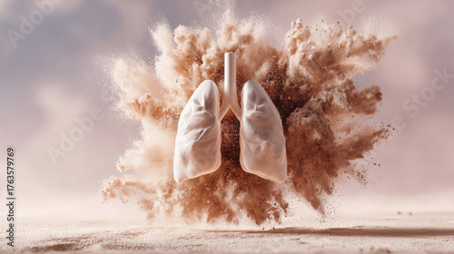 Realistic 3D human lungs suspended mid-air with a dramatic dust explosion in the background, symbolizing respiratory illness, pollution, or environmental health impact.