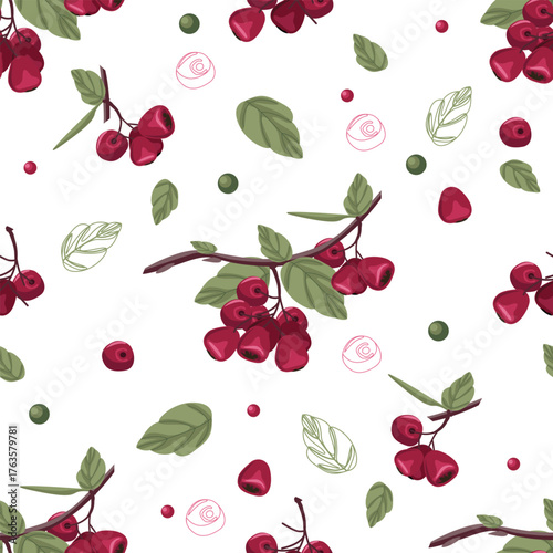 A seamless pattern of branches with ripe burgundy cotoneaster berries and stylized elements. Vector background depicting autumn nature.