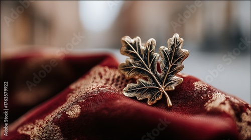 Black-red-gold enamel brooch with oak leaf motif, representing dignified symbolism.