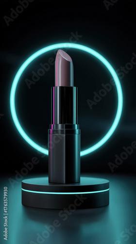 Sleek lipstick stands prominently against dark background, illuminated by glowing circular light. modern design and minimalistic style highlight its luxurious appeal, creating elegant atmosphere