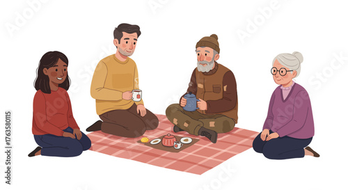 Multigenerational group enjoying outdoor tea time on picnic blanket