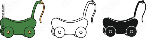 Three illustrations of a wooden toy cart with a handle and four wheels