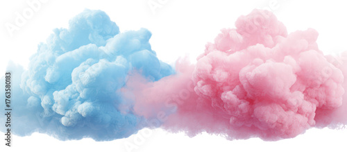 Two fluffy clouds of pink and blue cotton candy isolated on transparent background