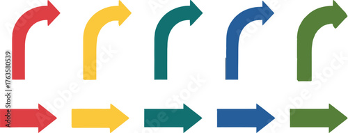 Colorful arrows pointing right and curving right on a white background