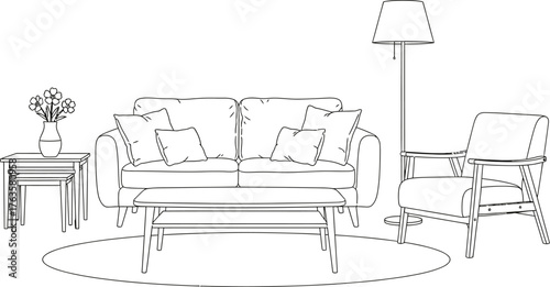 Modern living room furniture layout and design sketch outline
