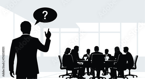 Businessman asking question in meeting room silhouette, silhouette, businessman, meeting, question, asking, idea, confusion, thought, bubble, speech, conference, room, office, people, discussion, brai