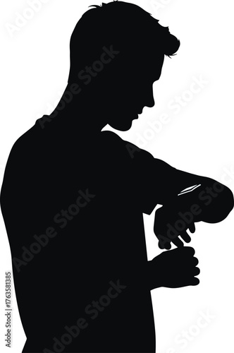 Man checking wristwatch silhouette time, silhouette, man, checking, wristwatch, time, looking, watch, arm, hand, wrist, person, male, casual, fashion, accessory, punctuality, schedule, appointment, wa