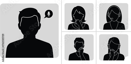 Online call participants with speech bubble icon silhouette, online call, participants, silhouette, people, avatars, speech bubble, microphone, icon, communication, technology, remote work, discussion