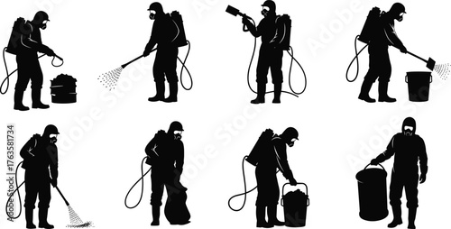 Silhouette vector illustration of sanitation workers in protective suits spraying disinfectant, handling waste, cleaning surfaces, hygiene, safety, labor, and industry