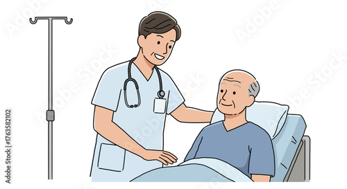 Smiling healthcare professional assisting elderly patient in hospital bed