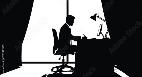 Silhouette of a man working at a desk with a computer and lamp, silhouette, man, working, desk, computer, lamp, office, businessman, executive, employee, study, research, writing, typing, focused, con