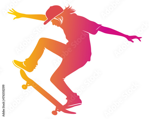 Silhouette of a skateboarder jumping, vector, dynamic pose isolated on white background