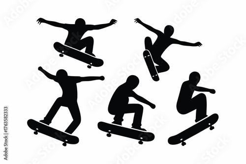 Silhouette of a skateboarder jumping set, vector, dynamic pose isolated on white background