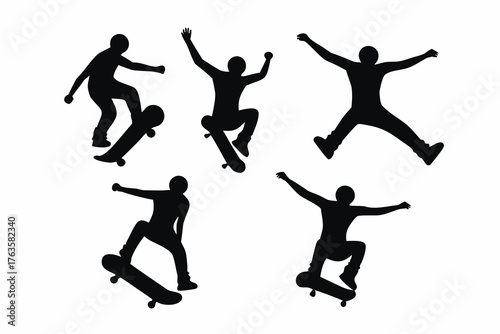 Silhouette of a skateboarder jumping set, vector, dynamic pose isolated on white background