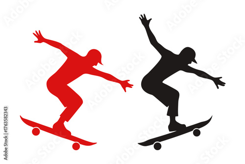 Silhouette of a skateboarder jumping, vector, dynamic pose isolated on white background