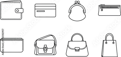 Vector line art of wallets purses and bags fashion accessories