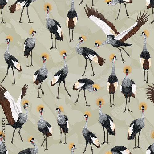 Seamless pattern with a black-crowned crane. Wild bird of Africa. Realistic vector animal.