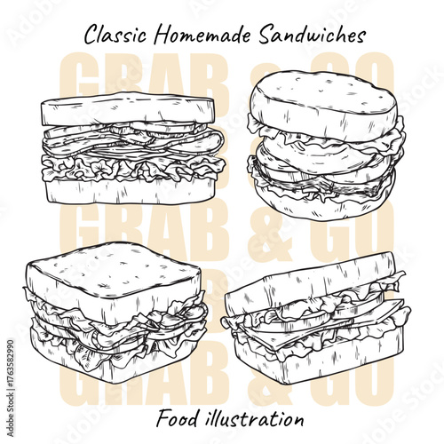Set of hand drawn classic homemade sandwiches outline drawing illustration