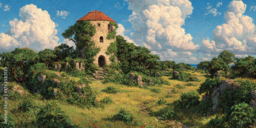 Fototapeta premium Enchanting ancient stone tower nestled amidst lush green countryside with rolling hills and a vibrant blue sky