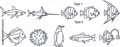 Geometric ocean animals vector illustration line art drawing