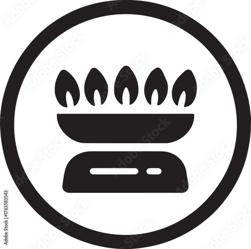 Minimal glyph of gas burner with protective circle border symbolizing safety and control.