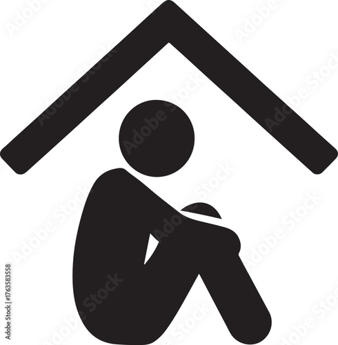 Homelessness issue glyph icon with person under shelter roof symbolizing aid and support.
