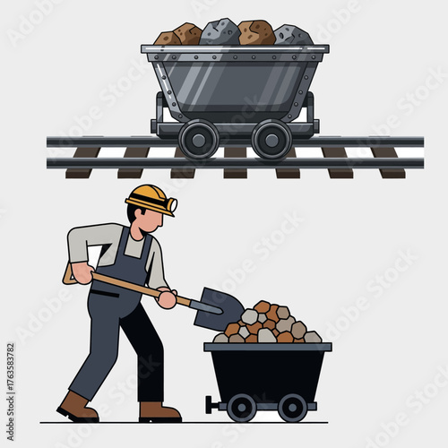 Miner loading ore into a cart on tracks in a mine environment.