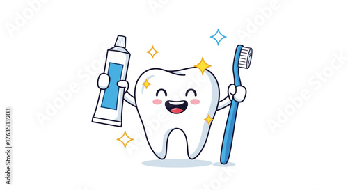 Happy cartoon tooth holding toothbrush and toothpaste.
