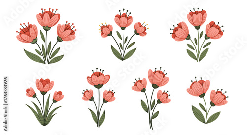 Collection of Delicate Coral Pink Floral Bouquets with Green Stems.