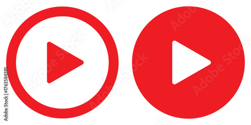 Two variations of a play button icon inside a circle. One outline, the other is a filled  circle with a white play button. Trendy circle play button icon in flat style. Radio symbol, video player.