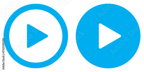 Two variations of a play button icon inside a circle. One outline, the other is a filled  circle with a white play button. Trendy circle play button icon in flat style. Radio symbol, video player.