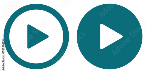 Two variations of a play button icon inside a circle. One outline, the other is a filled  circle with a white play button. Trendy circle play button icon in flat style. Radio symbol, video player.