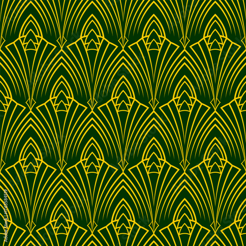 Art Deco green and yellow seamless pattern. Geometric decorative texture. Vector vintage background.