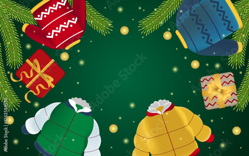 Festive illustration of christmas featuring gifts and winter jackets