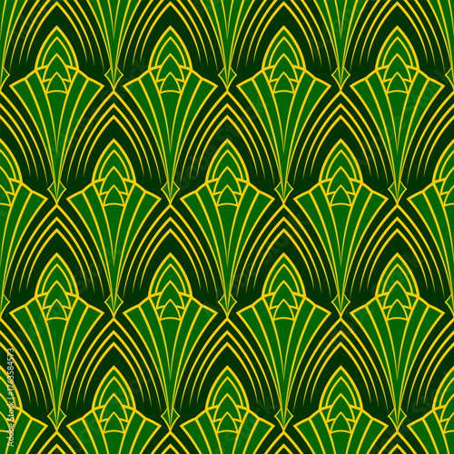 Art Deco green and yellow seamless pattern. Geometric decorative texture. Vector vintage background.