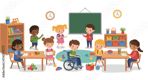 Diverse classroom environment with happy children engaging in learning activi…