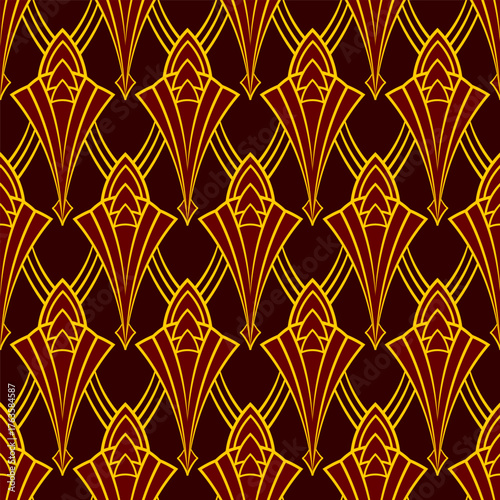Art Deco brown, red and yellow seamless pattern. Geometric decorative texture. Vector vintage background.