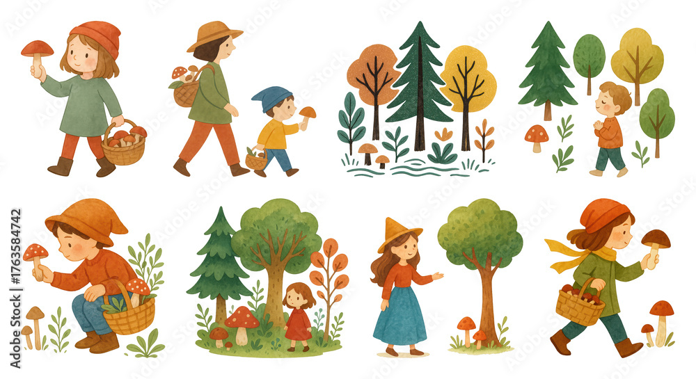 Fototapeta premium PNG Whimsical autumn forest adventure, element set on transparent background