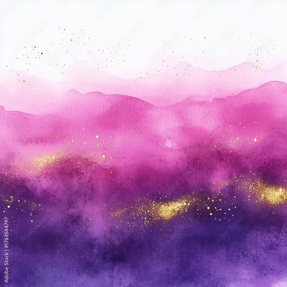 Obraz premium Gradient watercolor background from magenta to violet with gold sparkle