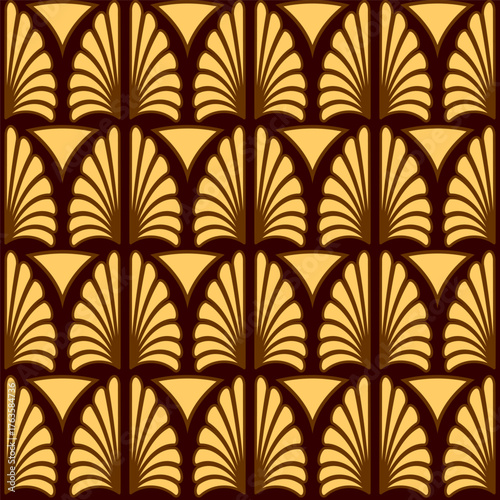 Art Deco style brown and yellow seamless pattern. Geometric decorative texture with floral elements. Vector vintage background.