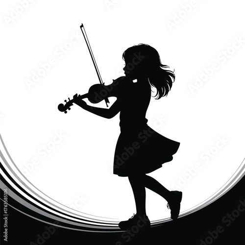 Silhouette of Girl Playing Violin with Flowing Hair and Dress in Black and White Creative Design