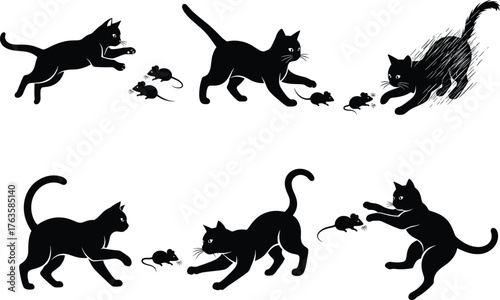 Black cat and mouse silhouette set, playful feline interaction, hunting pose, dynamic vector illustration, animal behavior, elegant, minimal, artistic