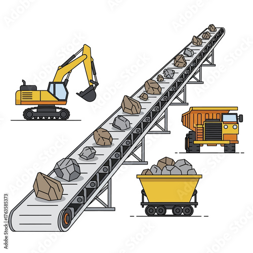 Mining equipment illustration showing excavator, conveyor belt, dump truck, and cart.