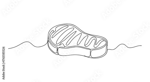 One continuous line drawing of a grilled steak, a delicious and savory treat